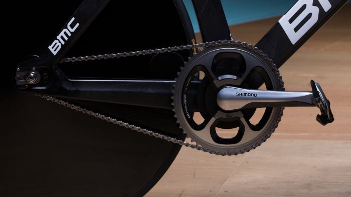 Custom track cogs were created so Dennis could stick with his SRM equipped Dura-Ace road crankset