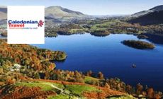 Caledonian Travel logo placed over a birds eye view of a lake