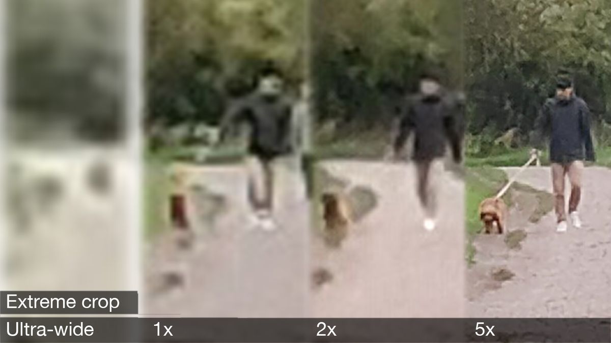 A composite showing the difference in detail you get with each lens, focusing on a very distant subject.