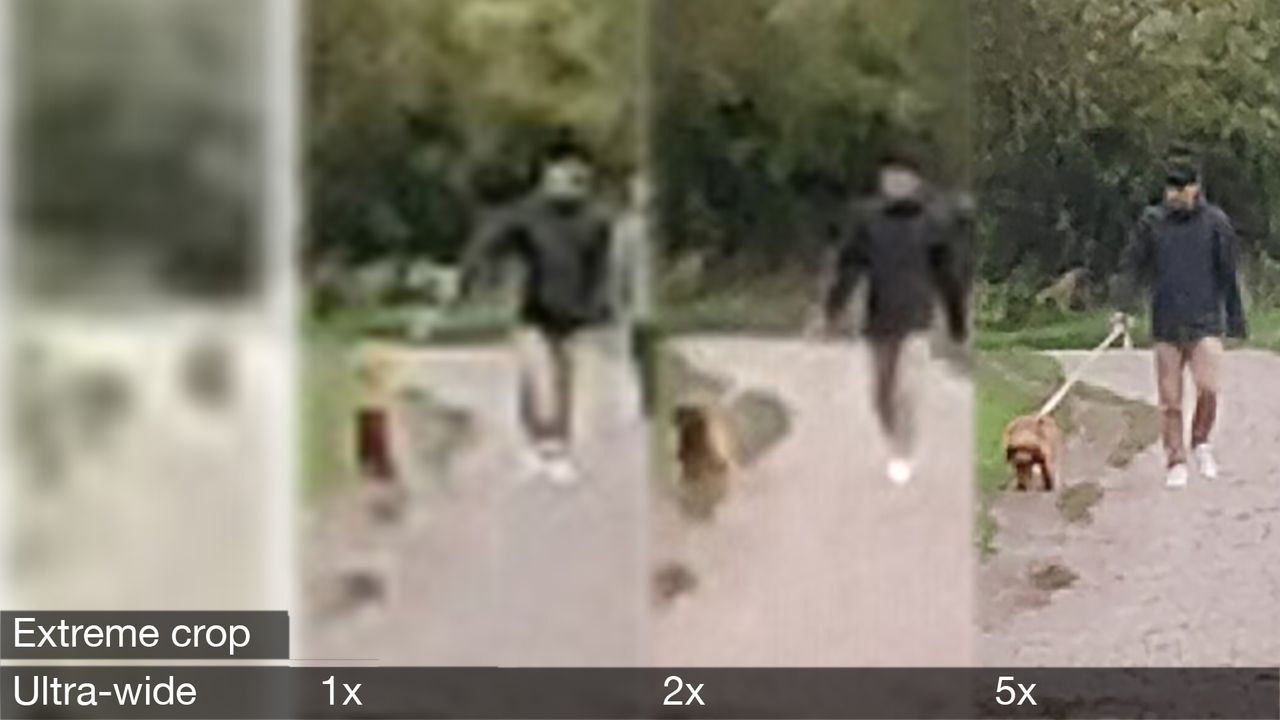 A composite showing the difference in detail you get with each lens, focusing on a very distant subject.