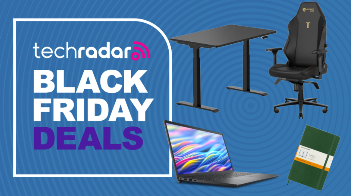 An office chair, desk, laptop, and notebook on a blue background with an opaque radar symbol next to a large TechRadar badge that reads &#039;Black Friday deals&#039; 