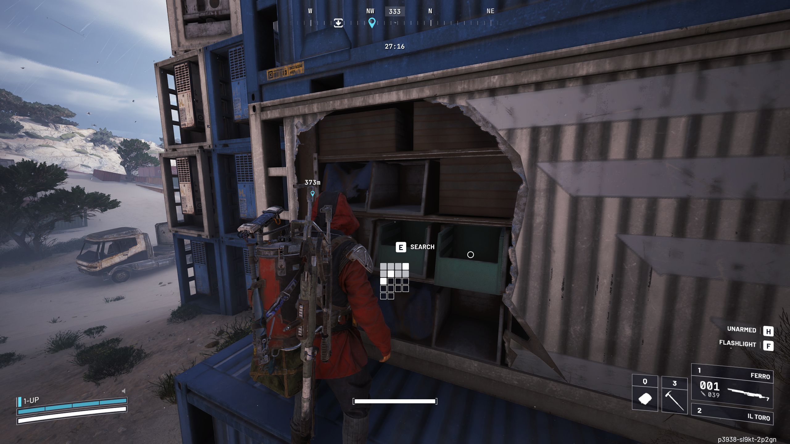 Arc Raiders new blueprints: A player looking at shelves of crates inside a damaged white shipping container.