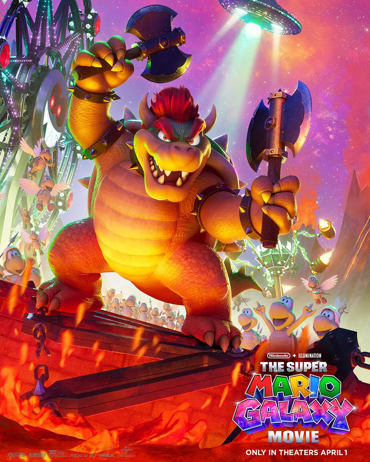 Bowser brandishing axes surrounded by Koopa