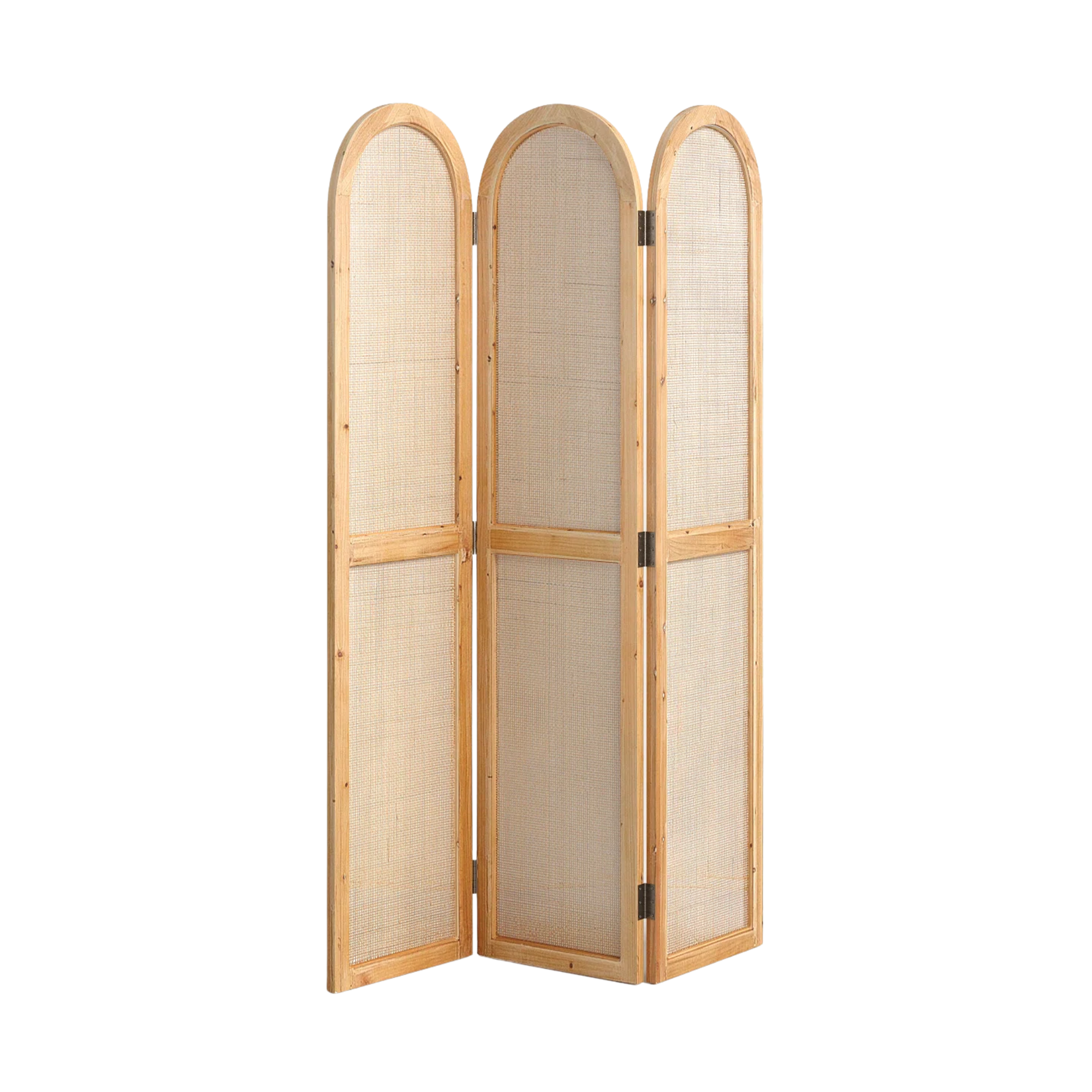 a light wood room divider with arched panels
