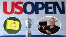 The US Open trophy in front of a US Open sign, a yellow Masters flag and Jack Nicklaus holding the Jack Nicklaus medal