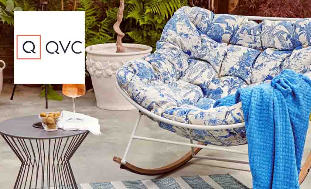QVC logo placed over an image of a garden chair with blue paisley design 