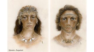An artist's illustration of prehistoric people wearing beads.