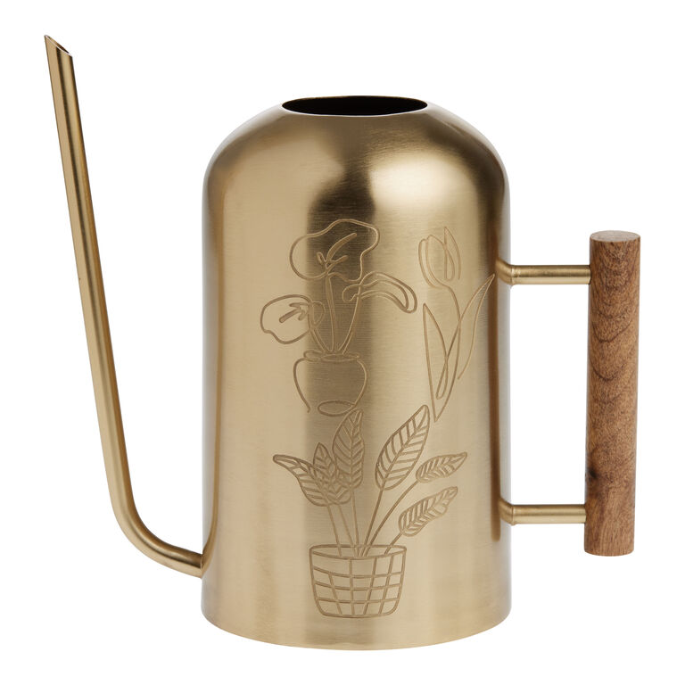 Gold Iron and Wood Etched Gooseneck Watering Can