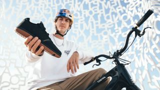 Fabio Wibmer showing his new Crankbrothers shoe