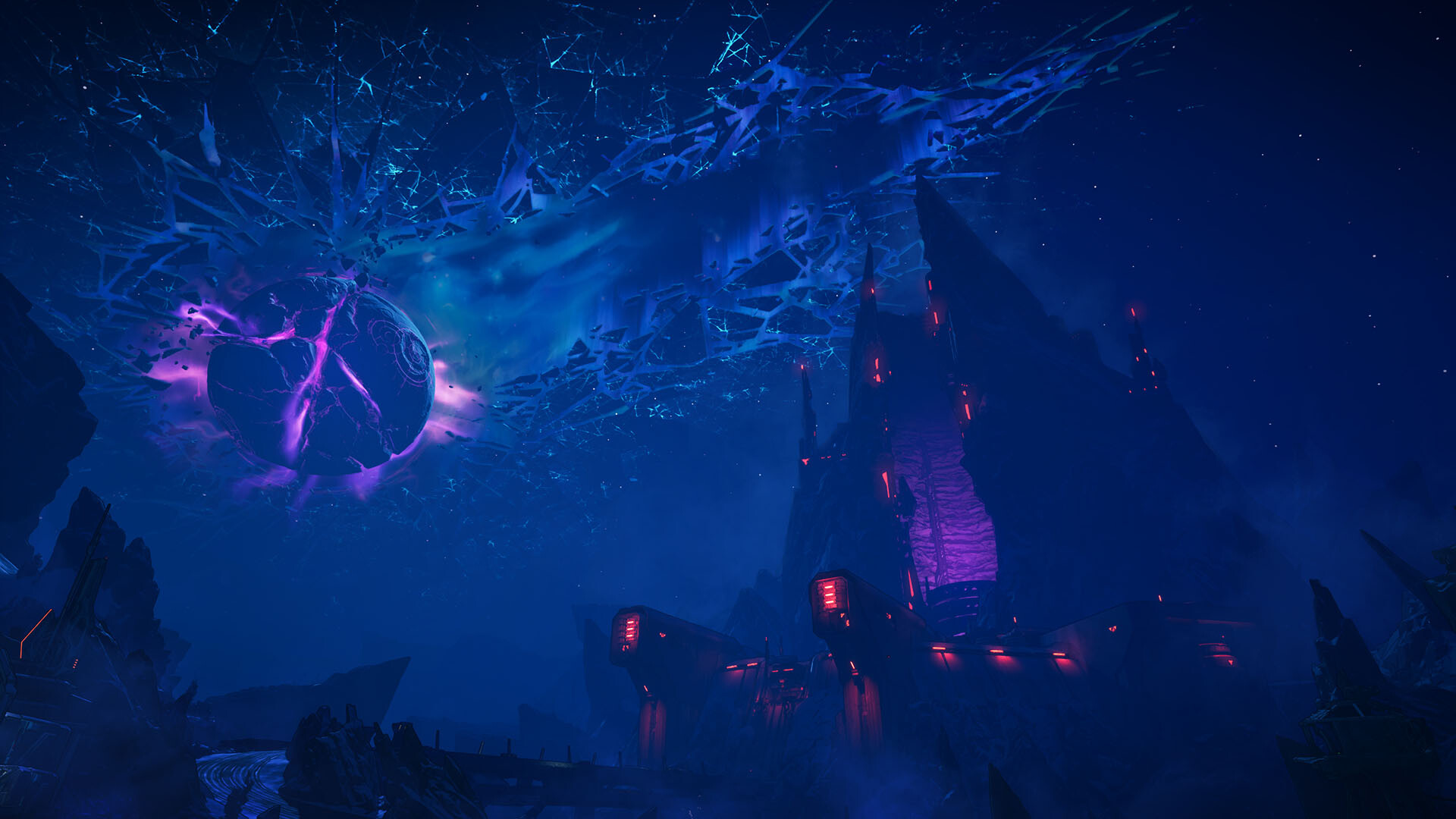 Still from the video game Borderlands 4. A giant planet is starting to explode, the night sky around it is shattering into millions of pieces. Below there is a menacing, mountain-sized fortress.