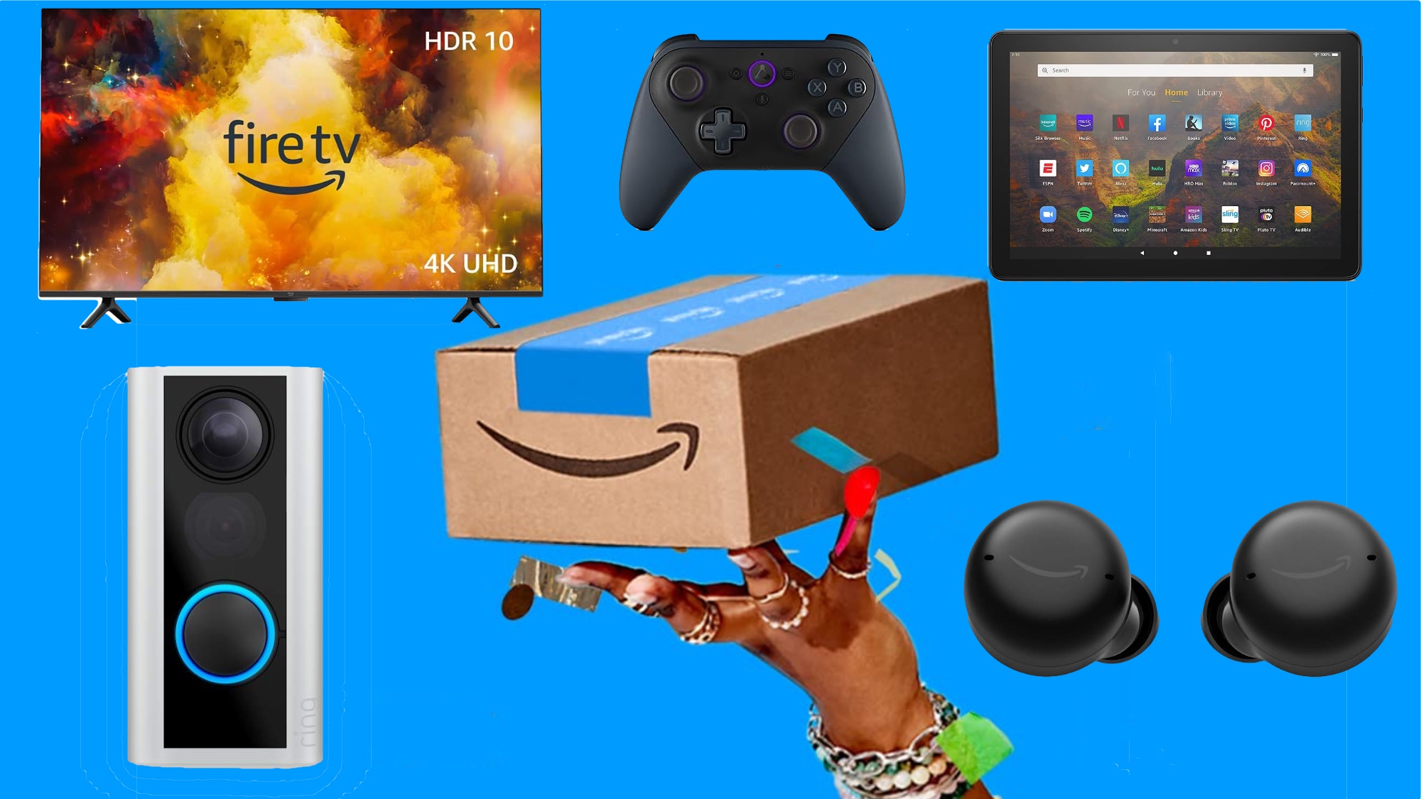 Amazon Fire TV, controlador de juegos Luna, tableta Fire HD 10, cámara de timbre Ring y Echo Buds