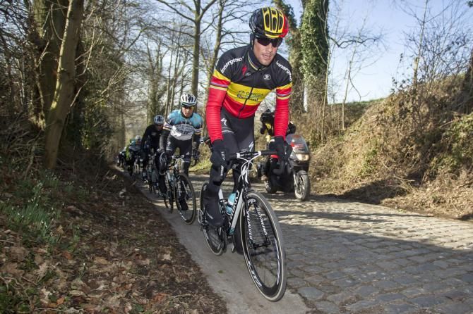 Belgian champion Tom Boonen leads his Omega Pharma-Quick Step teammates up the Taaienberg.