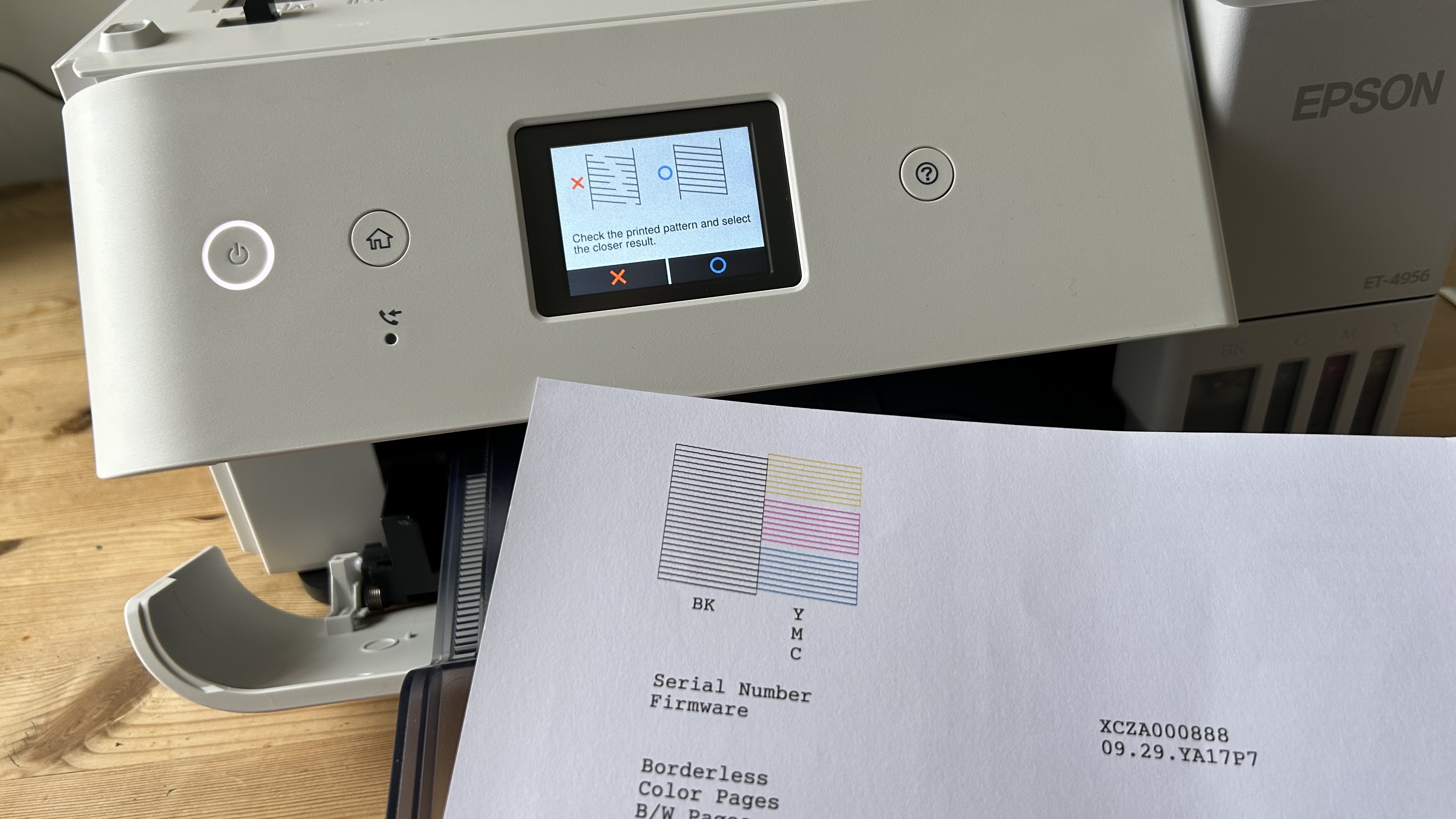The Epson EcoTank ET-4950 series ink tank printer undergoing testing in a home office during our review process