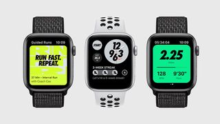 Three different Nike Run Club app screens on Apple Watches