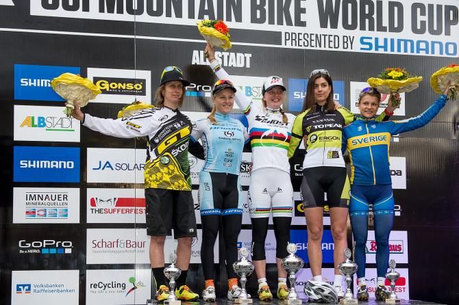 Elite women's Albstadt World Cup eliminator podium: C&eacute;cile Ravanel, Kathrin Stirnemann, Alexandra Engen, Nadine Rieder, Jenny Rissveds