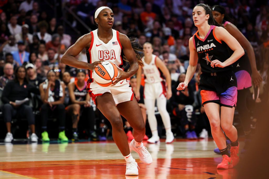 Jackie Young #13 of the USA Women&#039;s National Team dribbles the ball during the 2024 WNBA All Star Game at Footprint Center on July 20, 2024