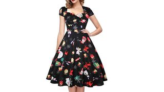 A black retro dress with Christmas designs on it.