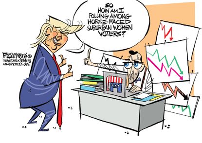 Political cartoon U.S. Trump horseface suburban women voters poll