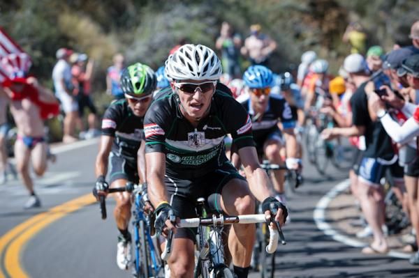 Sergio Henao (Gubernacion de Antioquia) leading up the KOM.