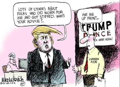 Political cartoon U.S. 2016 election Donald Trump campaign strategy