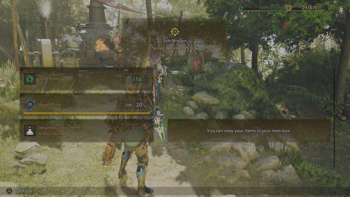 Monster Hunter Wilds Armorcharm quest - The end-of-hunt rewards page for the Secure Wounded Hollow quest.