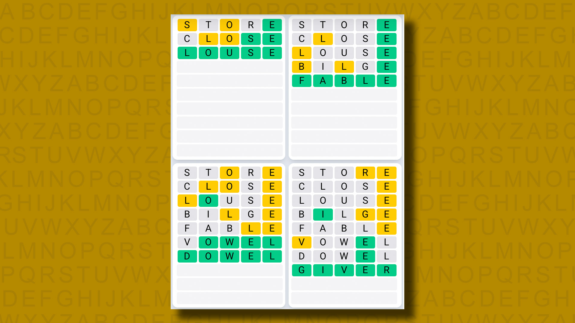 Quordle Daily Sequence responde al juego 1093 sobre un fondo amarillo