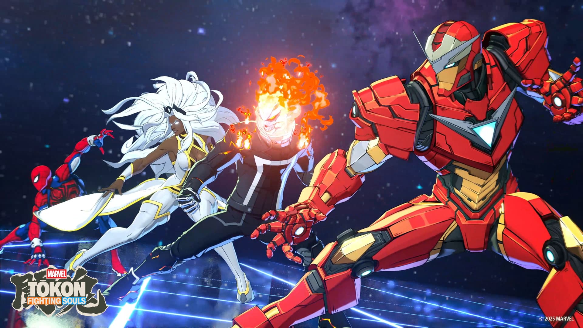 Promotional screenshot of Spiderman, Storm, Ghost Rider, and Ironman in Marvel Tōkon: Fighting Souls.