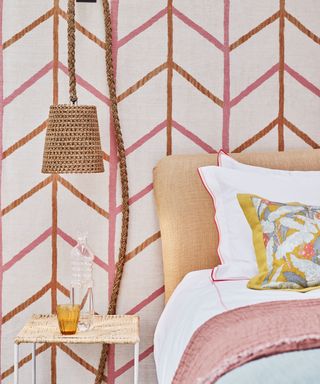 roost episode 3 - bedroom with pink and yellow decor and rattan light - PinkYellow_EMMA-LEE