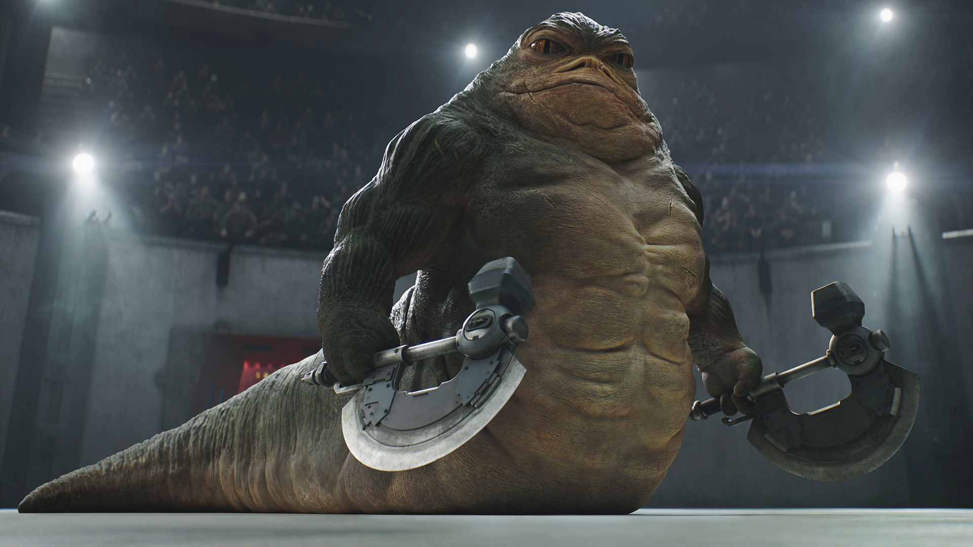 Rotta the Hutt holding two axes in The Mandalorian and Grogu