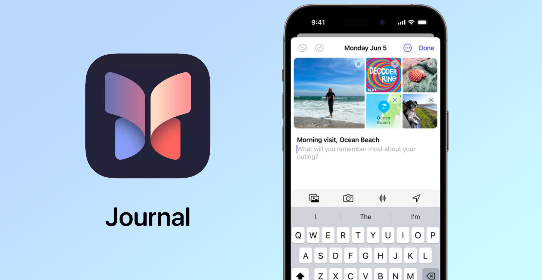 Logo und Screenshot der iOS 17 Journal-App auf dem iPhone