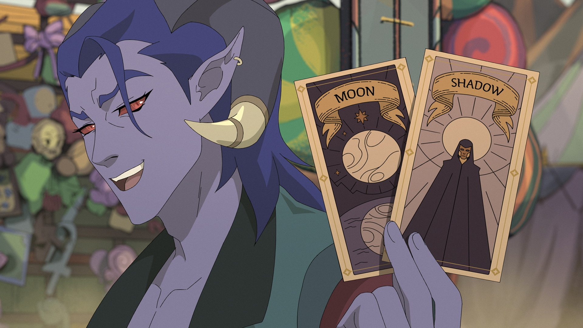 Mollymauk holding Moon and Shadow cards in The Mighty Nein episode 3