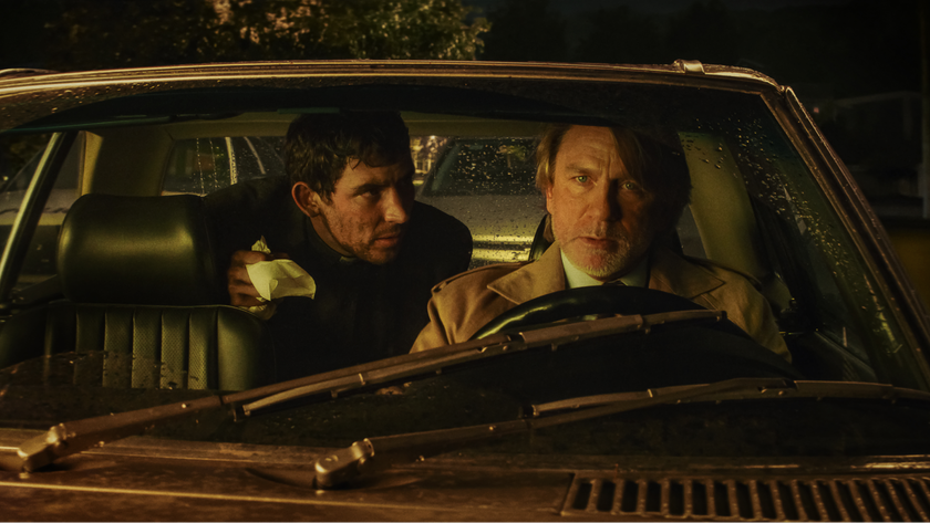 Josh O&#039;Connor as Jud Duplenticy and Daniel Craig as Benoit Blanc in Wake Up Dead Man: A Knives Out Mystery