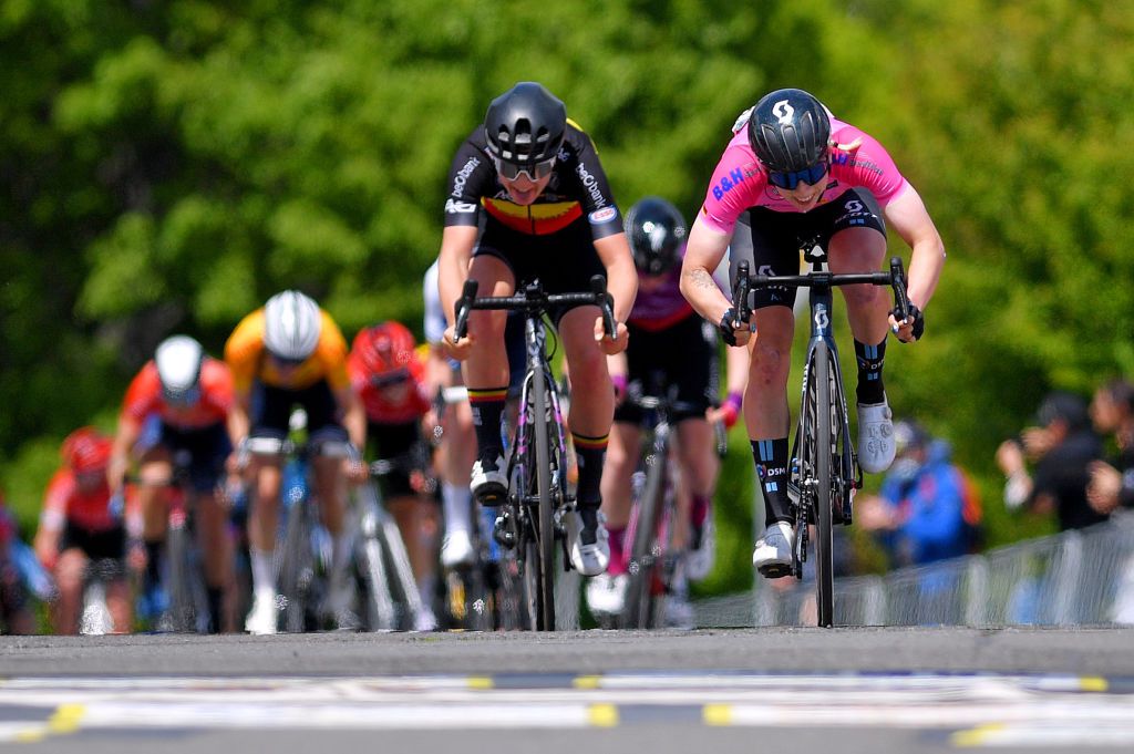GOTHA GERMANY MAY 30 Lorena Wiebes of Netherlands and Team DSM Pink UCI Womens WorldTour Leader Jersey Lotte Kopecky of Belgium and Team Belgium sprint at arrival during the 34th Internationale LOTTO Thringen Ladies Tour 2021 Stage 6 a 978km stage from Gotha to Gotha ltlt2021 lottothueringenladiestour womencycling on May 30 2021 in Gotha Germany Photo by Luc ClaessenGetty Images