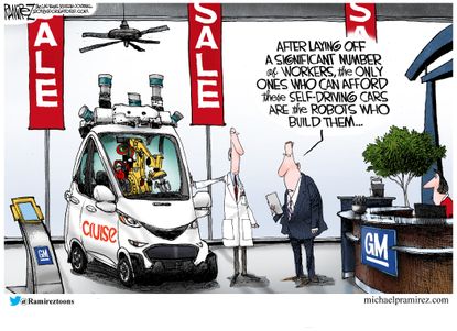 Editorial cartoon U.S. GM layoffs plant closure self-driving car robots