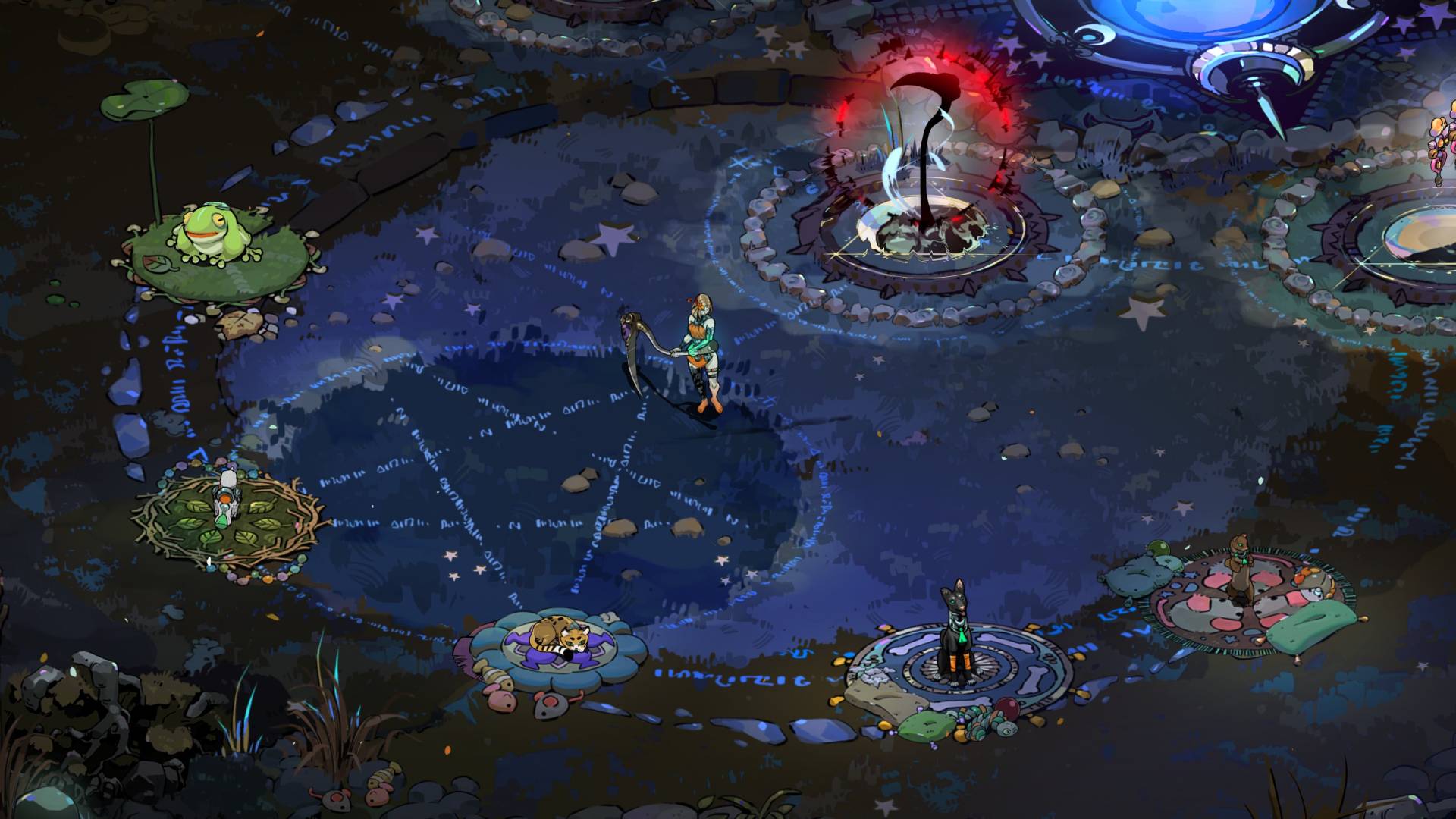 Hades 2 all familiars resting in the silver pool training ground