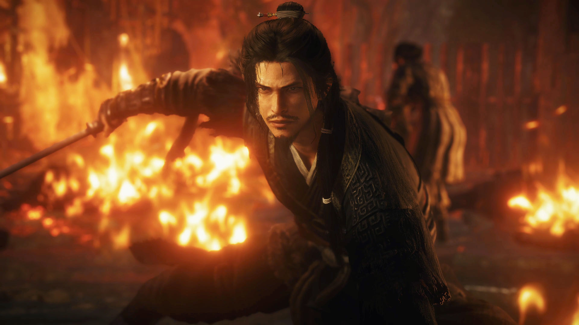 The player character readies a sword in Wo Long 2: Wings of Ember with flames behind them