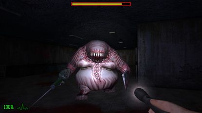 A screenshot shows a large pink monster approaching the player in Dementium: The Ward