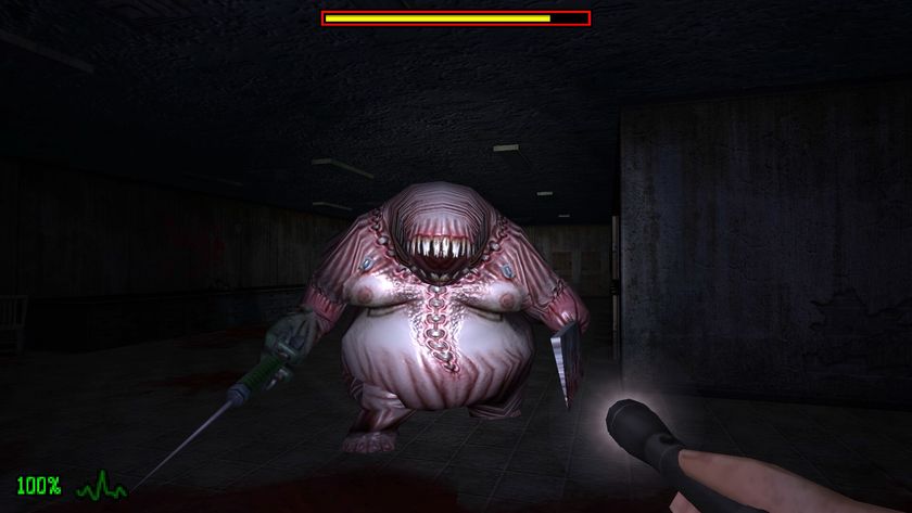 A screenshot shows a large pink monster approaching the player in Dementium: The Ward