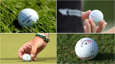 Four different golf balls in a grid system