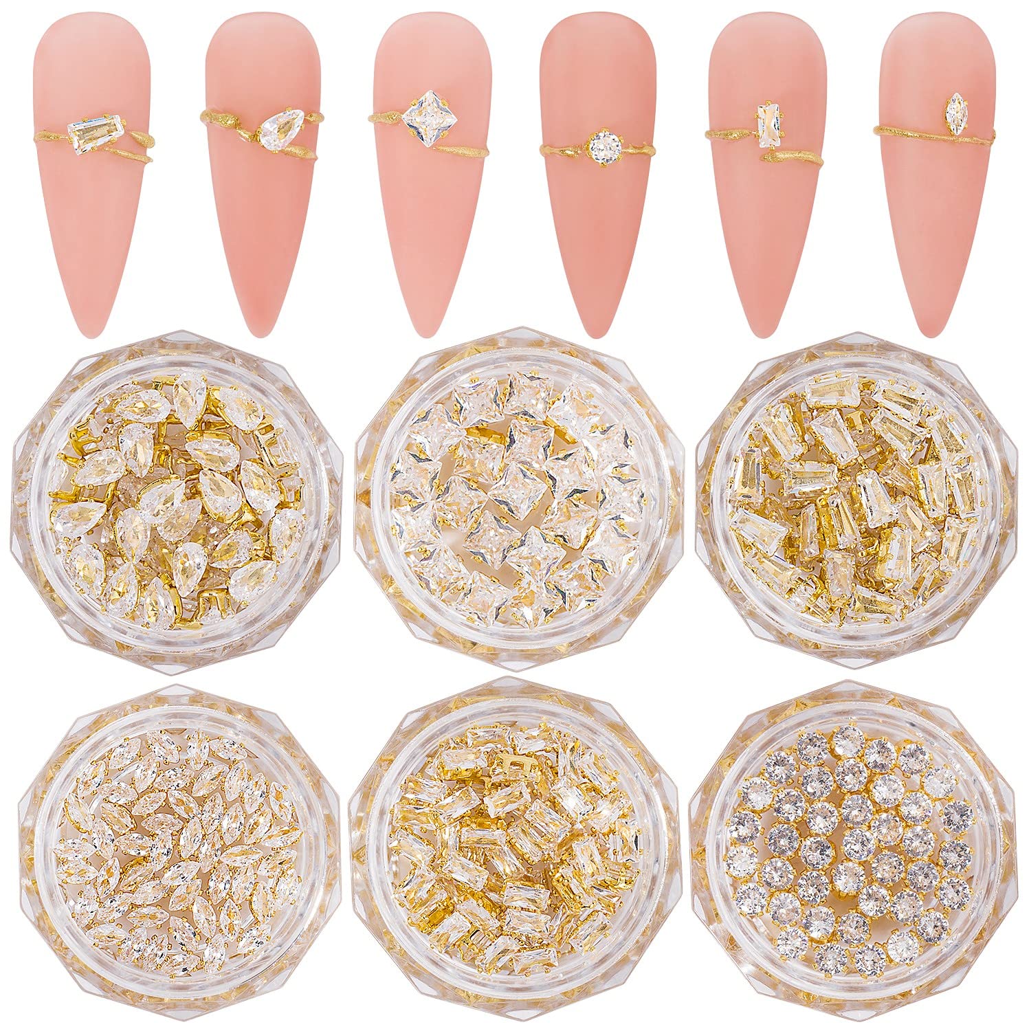Hnuix 3d Nail Charms and Gems - 120pcs Copper Metal Zircon, Gold Multiple Shape Smal Crystals Rhinestones, Nail Decorations Accessories for Nails Design