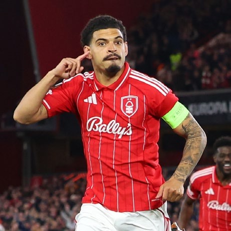 Morgan Gibbs-White of Nottingham Forest celebrates scoring his team's first goal. (Photo by Molly Darlington - UEFA/UEFA via Getty Images)