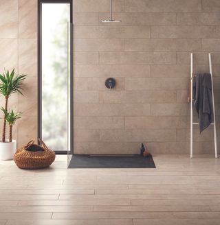 shower storage ideas wooden ladder in neutral bathroom wet room by Original Style