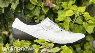 A white Bont Vaypor S Li2 shoe perched against a leafy bush