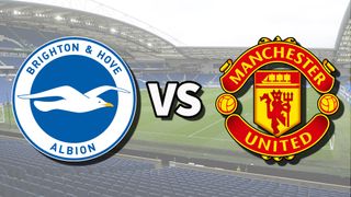 The Brighton & Hove Albion and Manchester United club badges on top of a photo of The Amex Stadium in Brighton, England