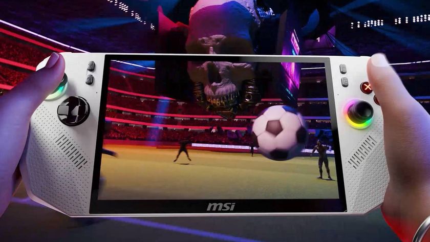 Hands holding MSI Claw A8 white handheld with example football gameplay on screen that extends into backdrop.