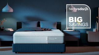 The Casper Wave Hybrid Snow mattress in a bedroom with a TechRadar deals graphic