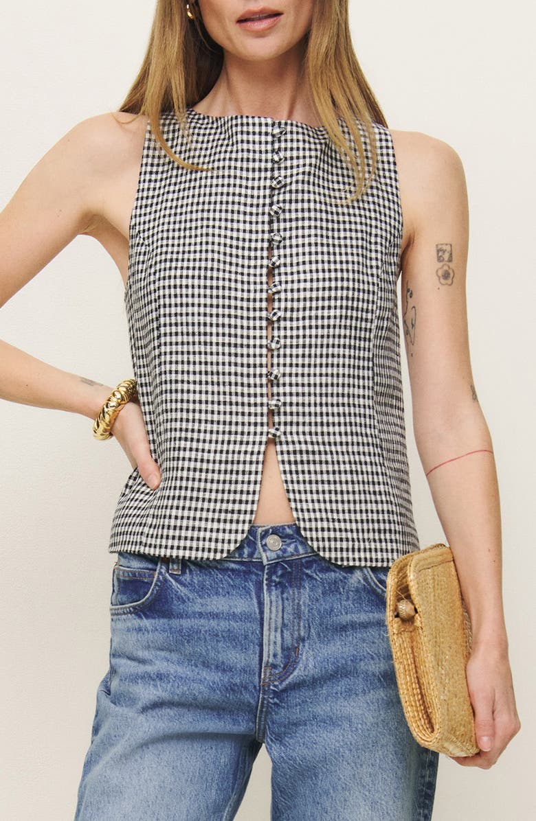 Addison Gingham Sleeveless Linen Button-Up Top