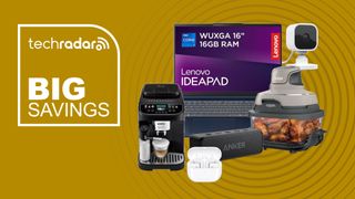 Collage of tech deals from the Amazon UK weekend sale, including a Lenovo laptop, Blink Mini, coffee machine, Ninja air fryer and Samsung earbuds