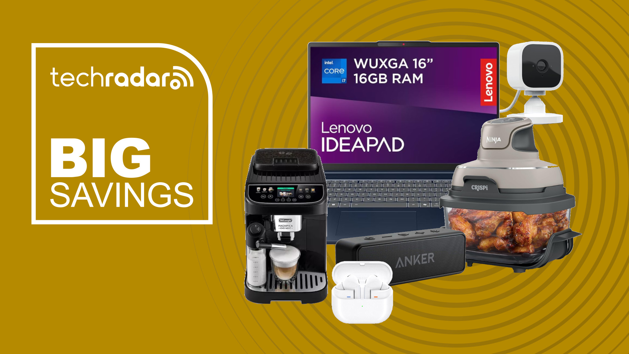 Collage of tech deals from the Amazon UK weekend sale, including a Lenovo laptop, Blink Mini, coffee machine, Ninja air fryer and Samsung earbuds
