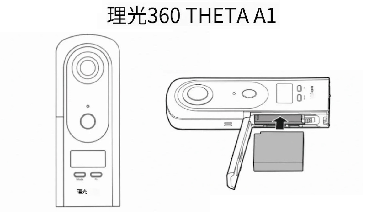 Black-and-white schematic diagrams of the Ricoh 360 Theta A1